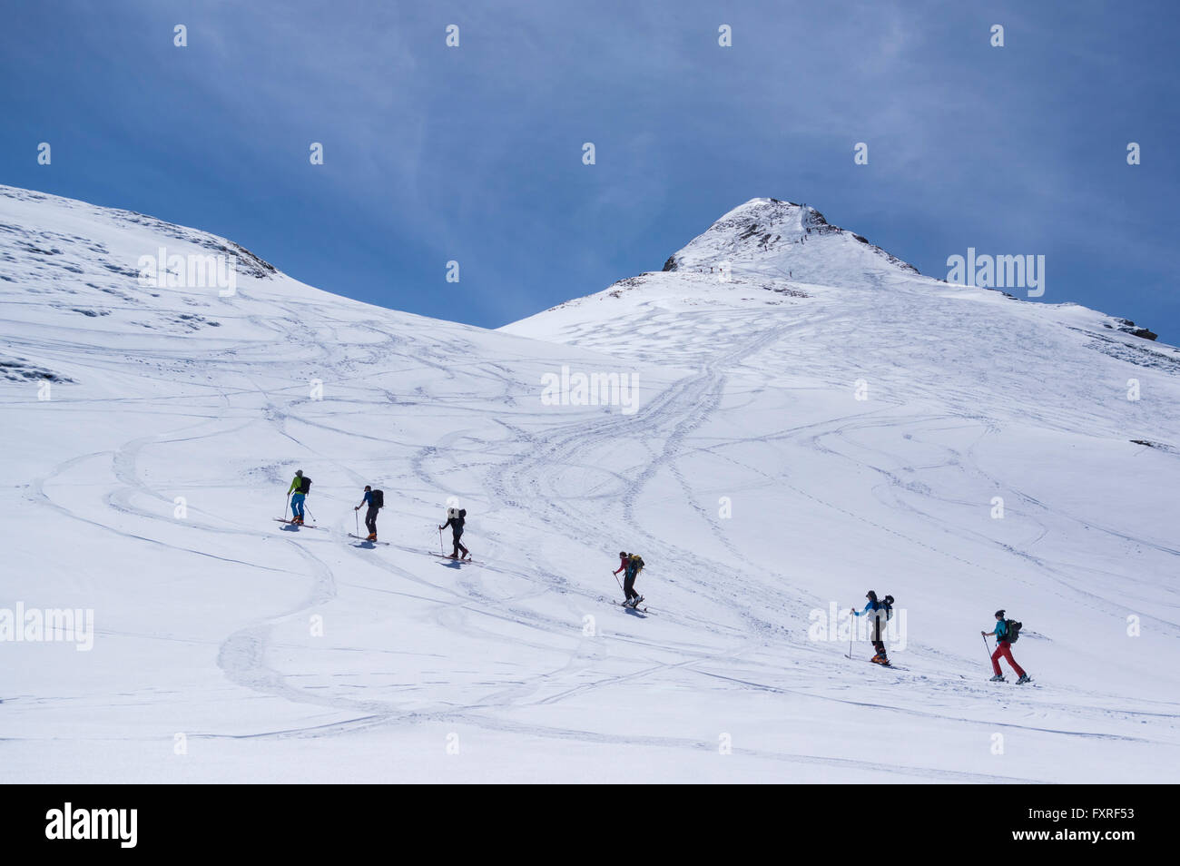 Skibergsteiger in den Schweizer Alpen, steigend auf den Gipfel des Berges Rossstock an einem sonnigen Tag. Spilau, Kanton Uri, Schweiz. Stockfoto