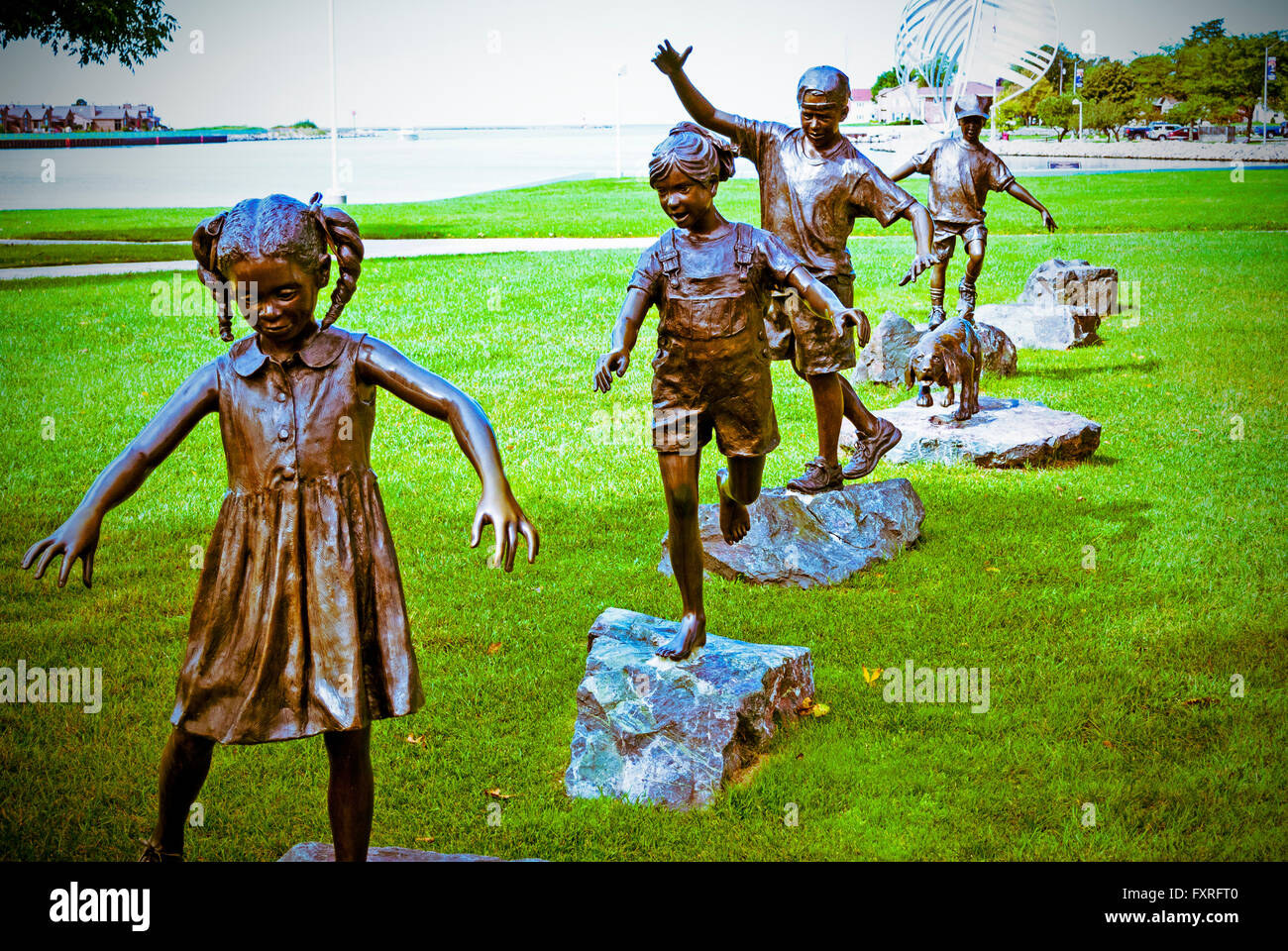 Bronze-Skulptur, "Follow the Leader" von W. Stanley Proctor in Ludington, Michigan, USA Stockfoto
