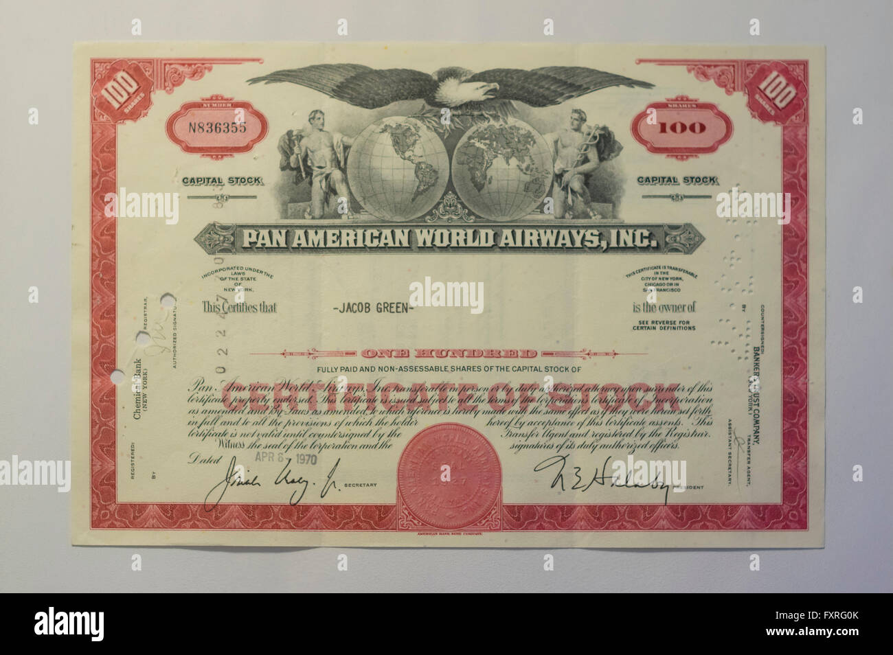 1970er Jahren Pan American World Airways Aktienzertifikat. Stockfoto