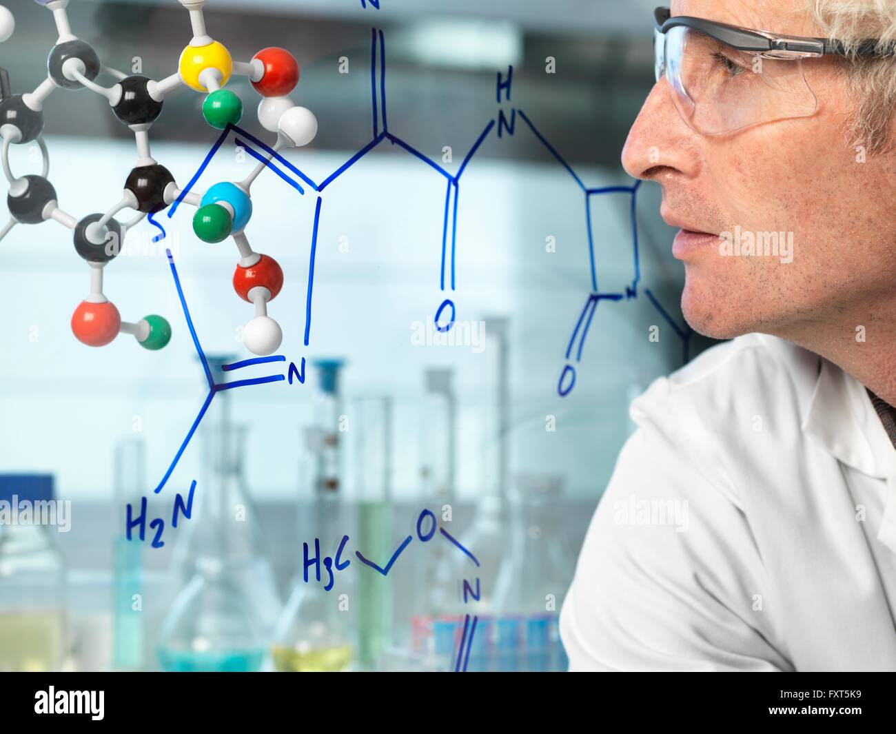 Wissenschaftler mit Ball und Stock Molekülmodell Blick auf neue Droge Formel geschrieben am Glas Stockfoto