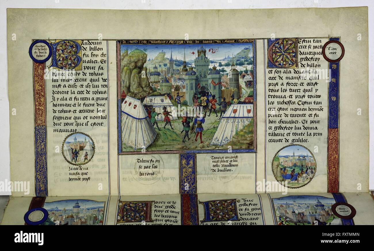 Cod. 2533, fol. 4v: Les Chroniques de Jérusalem Abrégées (Franz.): Szenen aus Dem 1. Kreuzzug Stockfoto