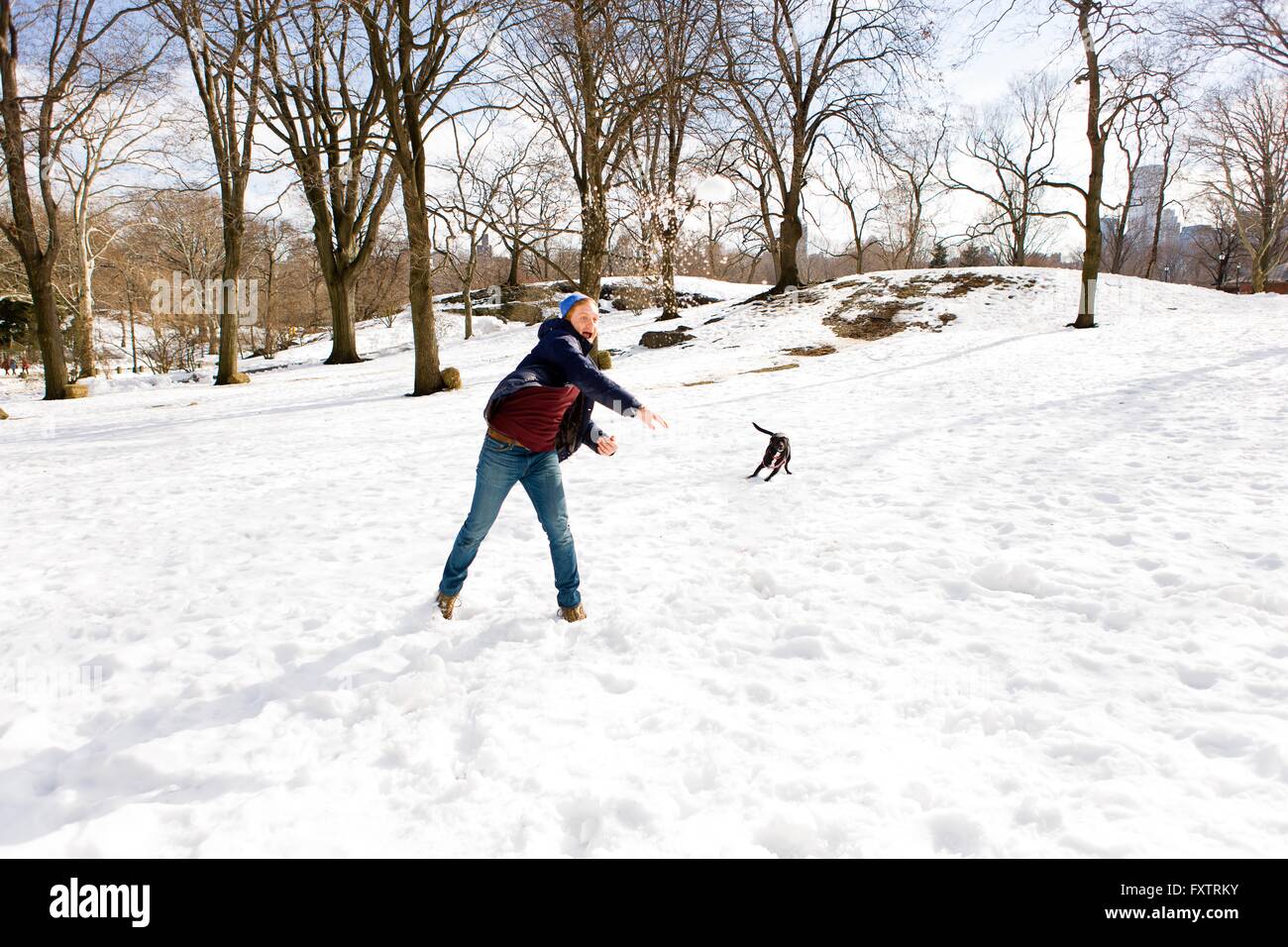 Junger Mann mit Hund im verschneiten Central Park, New York, USA Stockfoto