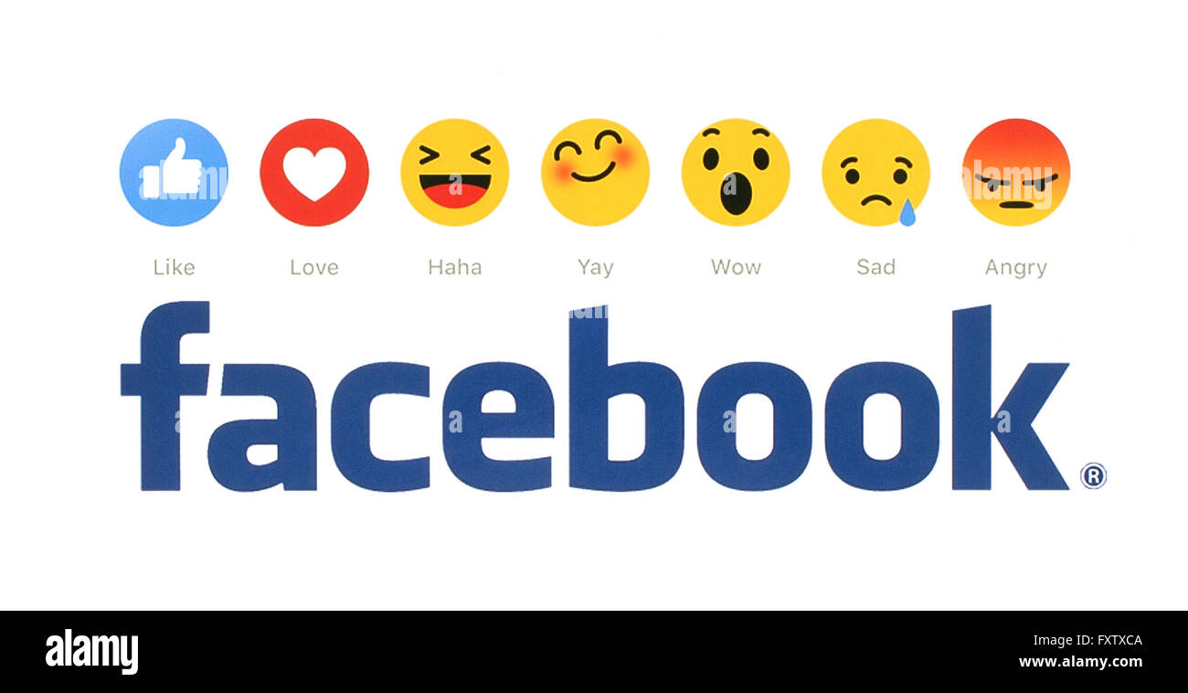 Neue Facebook like-Button 6 einfühlsam Emoji Reaktionen auf weißem Papier gedruckt. Stockfoto