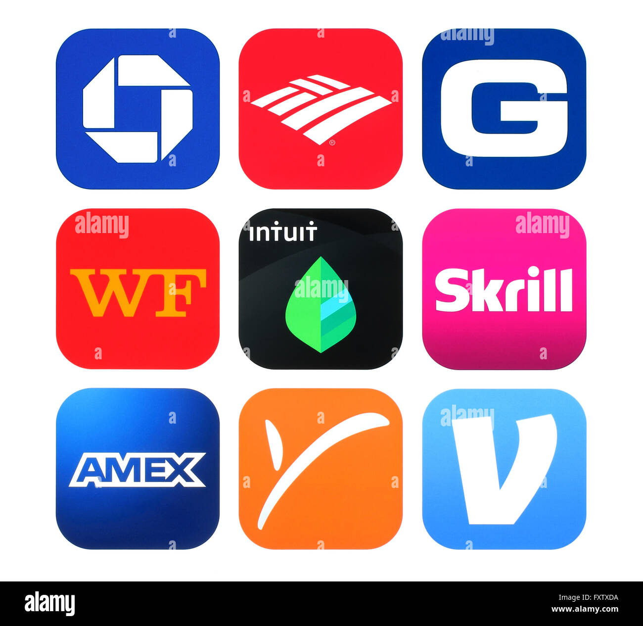 Kiew, Ukraine - 26. Februar 2016: Sammlung von beliebten Finance-Symbole, die auf Papier gedruckt: Chase Mobile, Bank of America Stockfoto