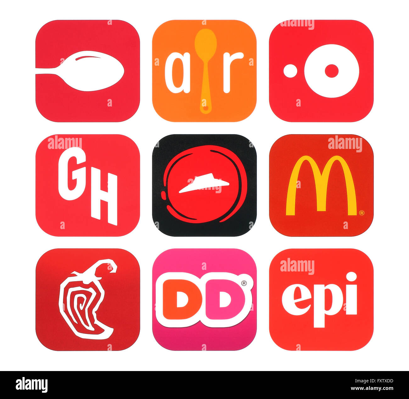 Kiew, Ukraine - 26. Februar 2016: Sammlung von beliebten Food Icons auf Papier gedruckt: Urbanspoon, Allrecipes Dinner Spinner Stockfoto