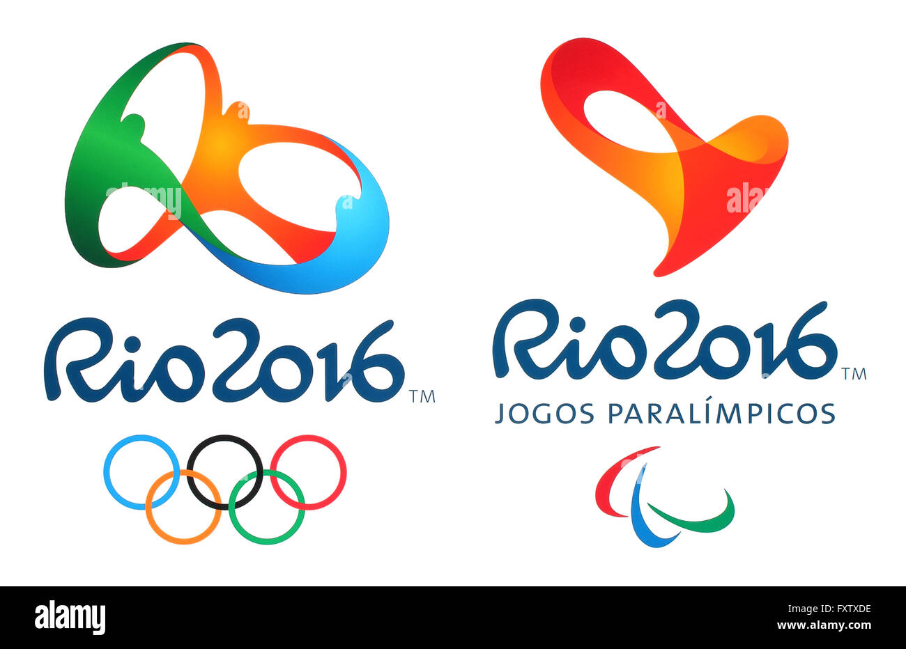 Offizielle Logos für die Olympischen Sommerspiele 2016 in Rio De Janeiro, Brasilien Stockfoto