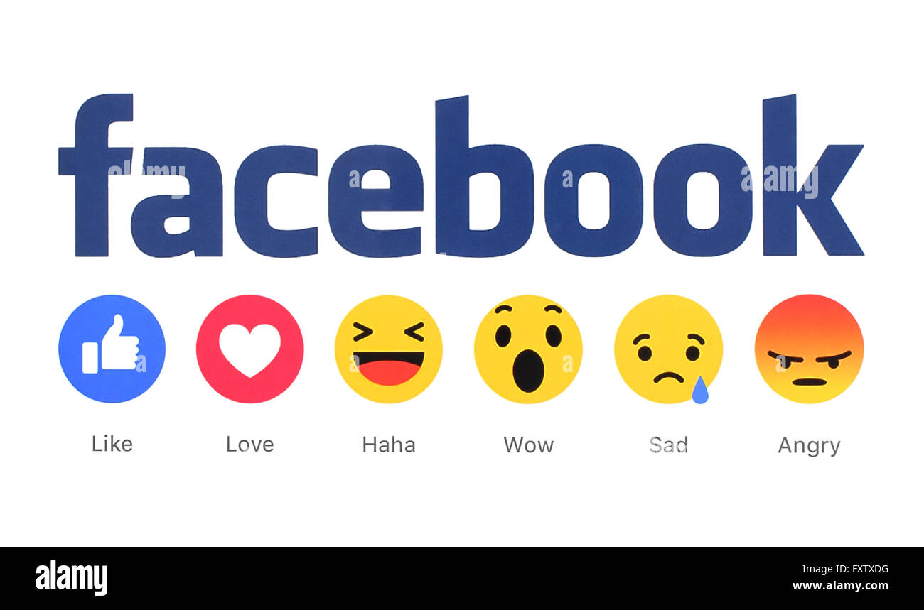 Neue Facebook like-Button 6 einfühlsam Emoji Reaktionen auf weißem Papier gedruckt. Stockfoto