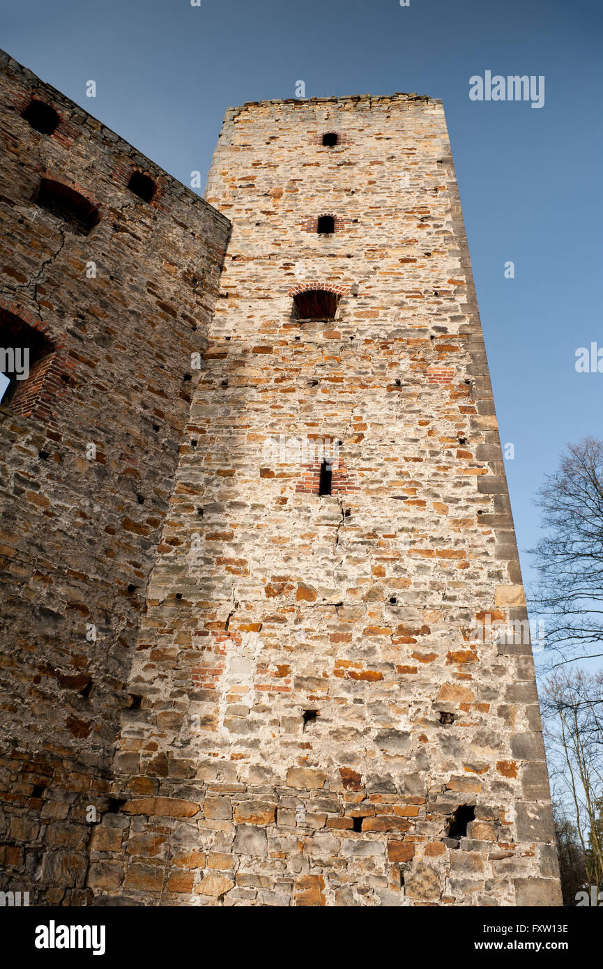 Turm der Burg in Drzewica, Zamek w Drzewicy Ruinen von 1527-1535 in Polen, Europa, Sehenswertes Gebäude außen, Reisen. Stockfoto