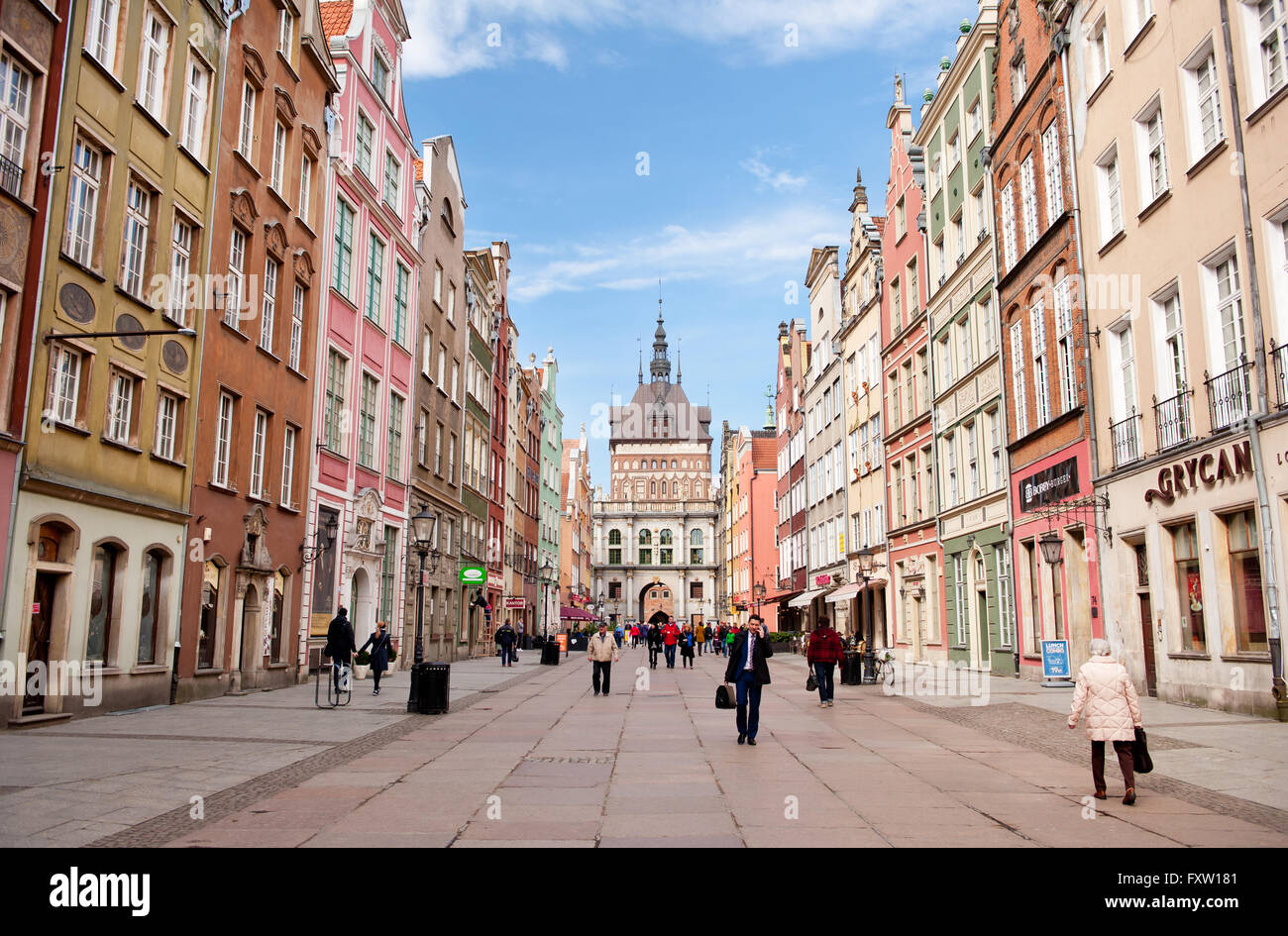 Golden Gate und Gefängnisturm mit Folterkammer, bekannt als Neck auf Long Lane, polnische Zlota Brama Wieza Wiezienna i Katownia. Stockfoto