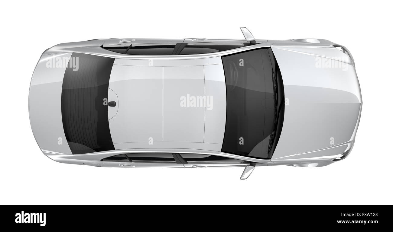 Silberne Auto auf weißem Hintergrund - Draufsicht Stockfoto