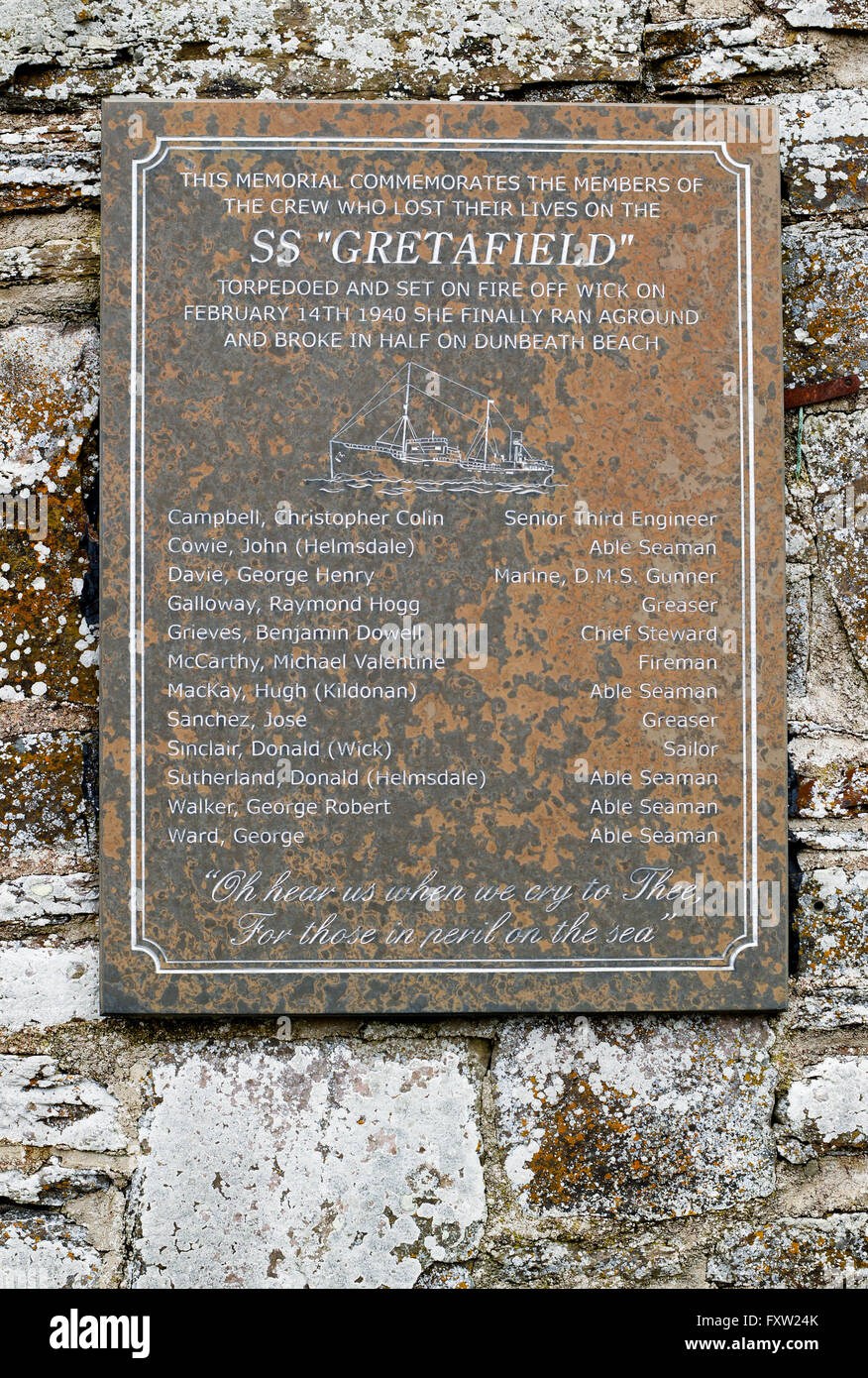 Denkmal für SS-Gretafield bei Dunbeath Stockfoto