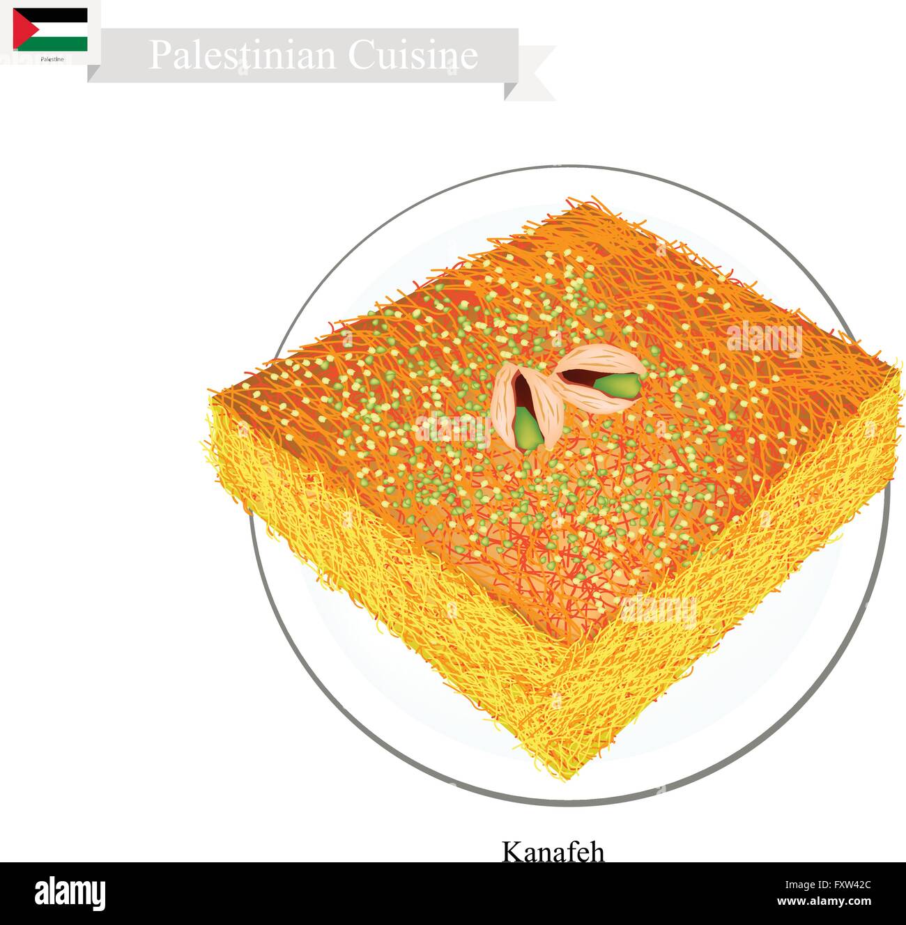 Palästinensischen Küche, Kunafa oder traditionellen levantinischen Käse Gebäck Richtfest mit Pistazie Pulver und Sirup. Eines der meisten Popu Stock Vektor