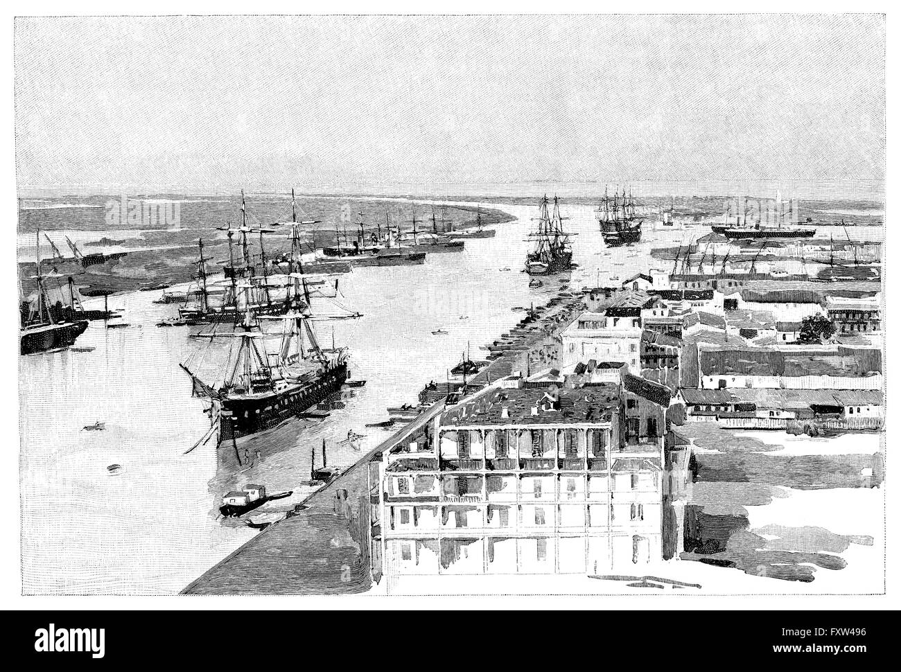 Schwarz / weiß-Gravur von Port Said und Suez Kanal in Ägypten. Stockfoto