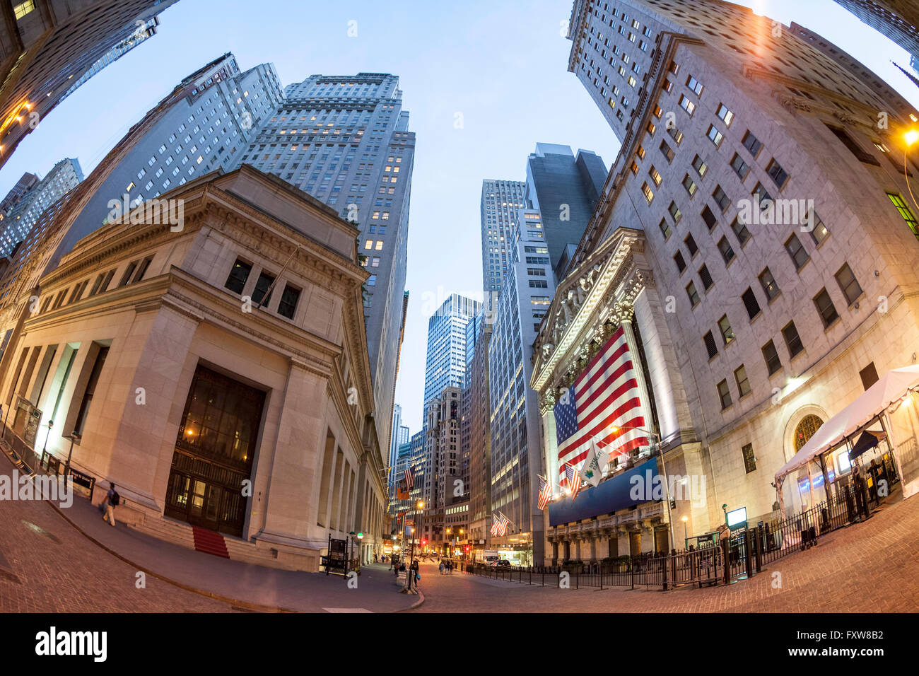 Wall Street New York, New York Börse, Fisheye, Skyline, Financial District, Manhattan, New York City, Vereinigte Staaten Stockfoto