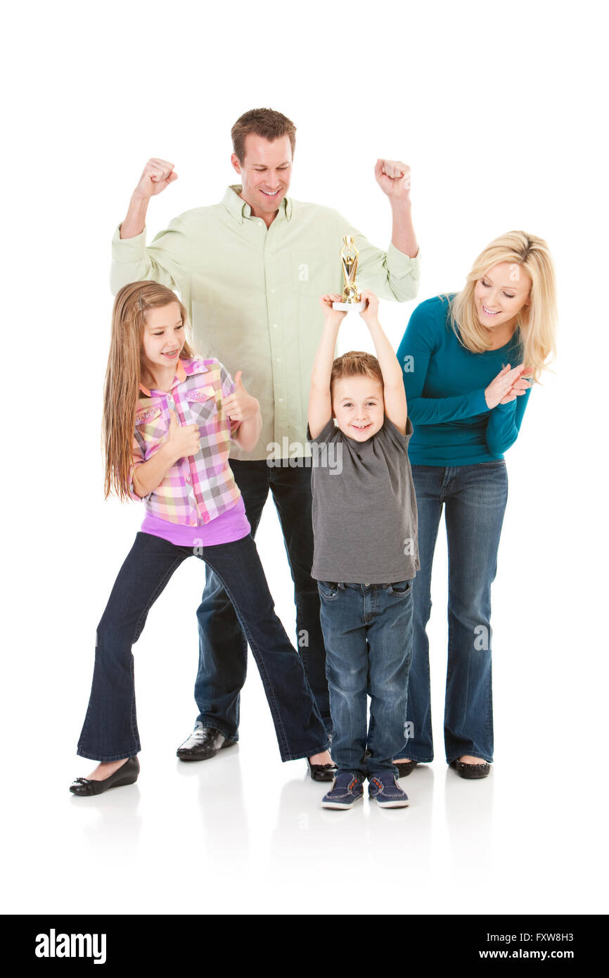 Auf weiße Serie von einem kaukasischen Kernfamilie in Freizeitkleidung und Fitnesskleidung isoliert.  Mama, Papa, Bruder und Schwester. Stockfoto