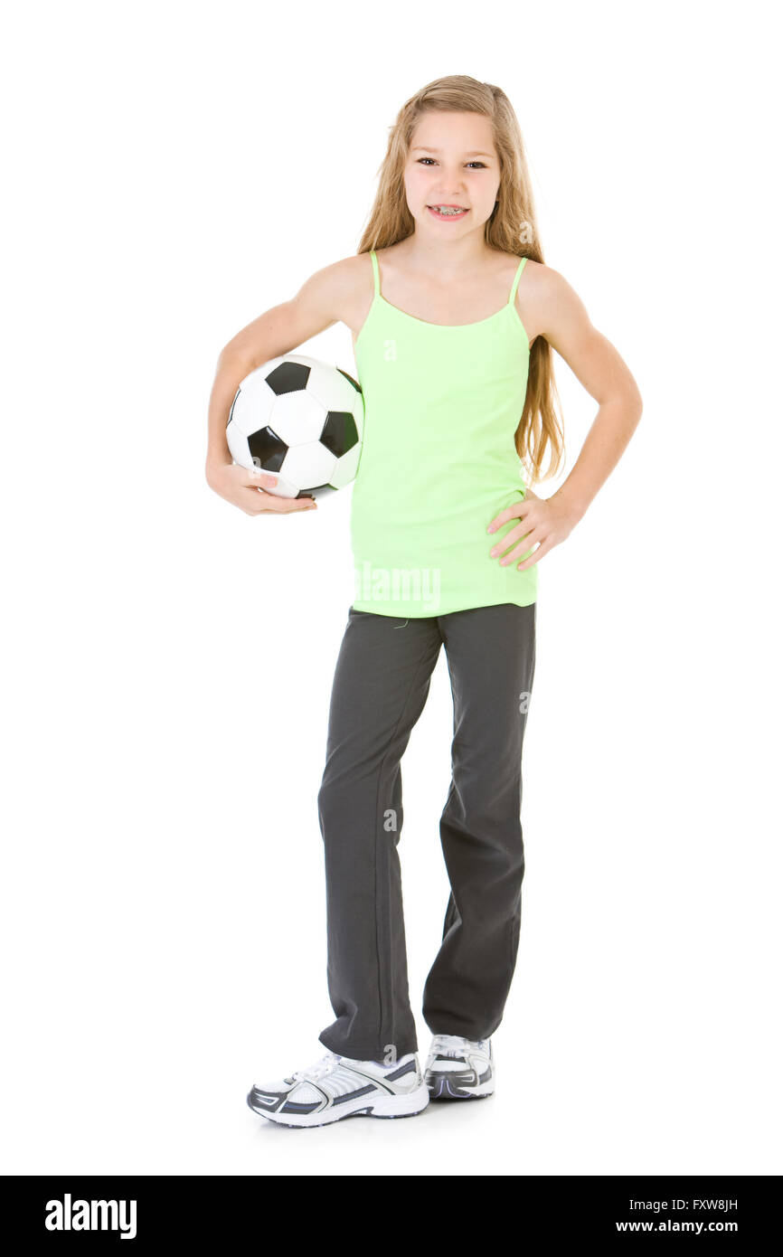 Auf weiße Serie von einem kaukasischen Kernfamilie in Freizeitkleidung und Fitnesskleidung isoliert.  Mama, Papa, Bruder und Schwester. Stockfoto