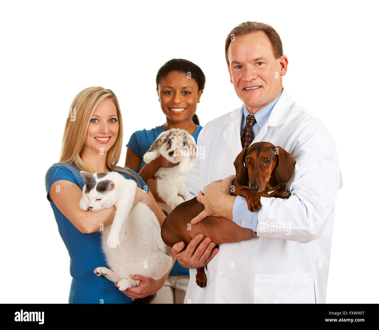 Serie mit einem Cacucasian Tierarzt und gemischt-ethnische Gruppe von Mitarbeitern und Kunden.  Halten Kaninchen, Katze und Hund.  ISO Stockfoto