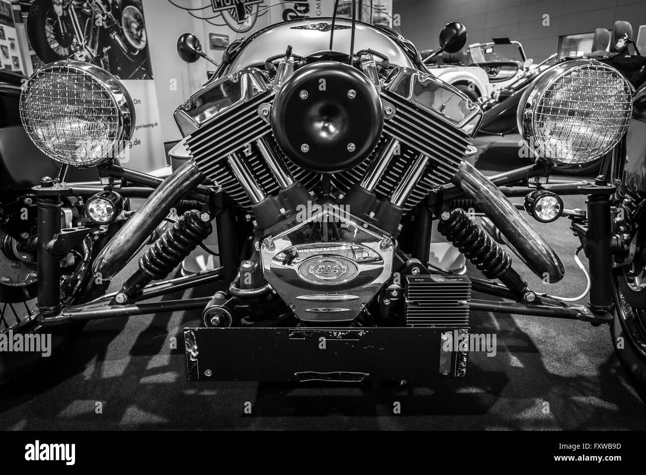 Motor S & S Dreirad Auto Morgan M3W SUPERDRY, 2013. Close-up Stockfoto