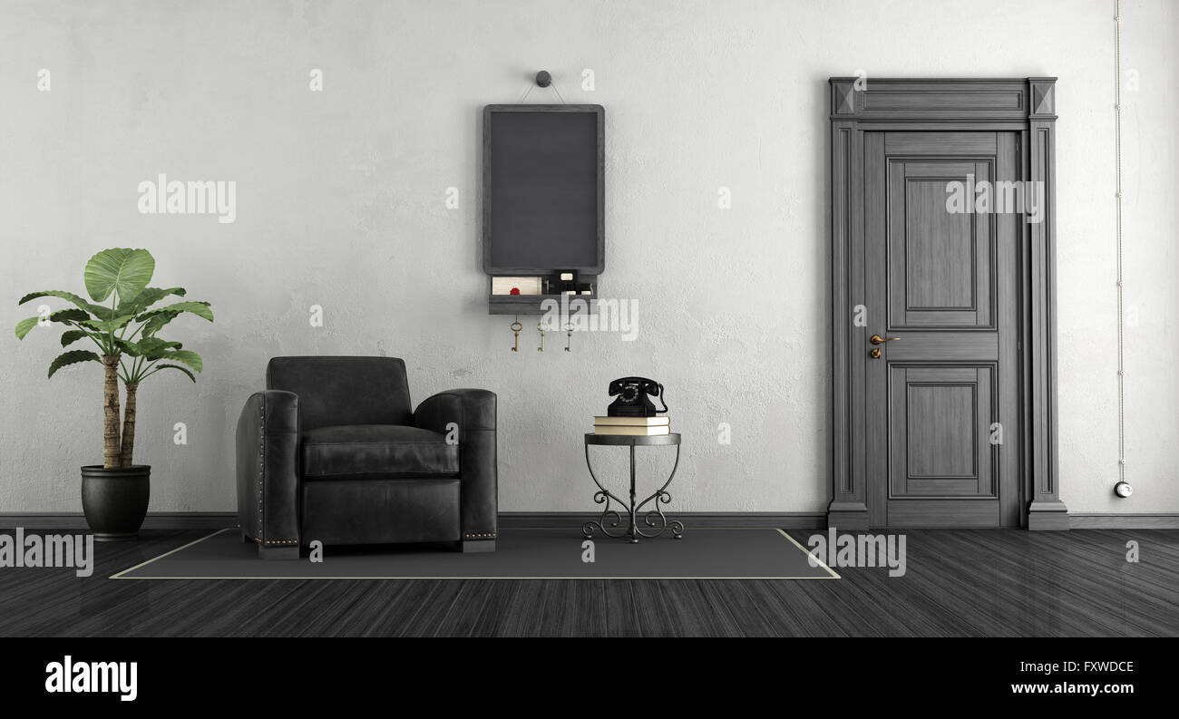 Schwarz und weiß zu Hause Eingang mit Tafel an der Wand - 3d rendering Stockfoto