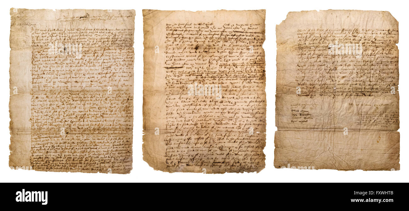 Shakespeares letzten Willen und Testament (alle 3 Seiten). Seine Unterschrift auf der unteren rechten Ecke des der Wille ist eines der wenigen erhaltenen Beispiele. Stockfoto