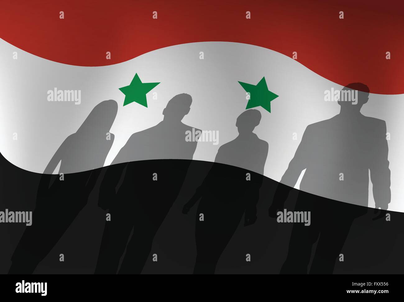 Silhouette Volksgruppe über Syrien Flagge Hintergrund Stock Vektor