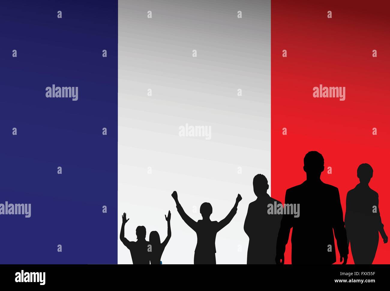 Silhouette Volksgruppe über Frankreich Flagge Hintergrund Stock Vektor