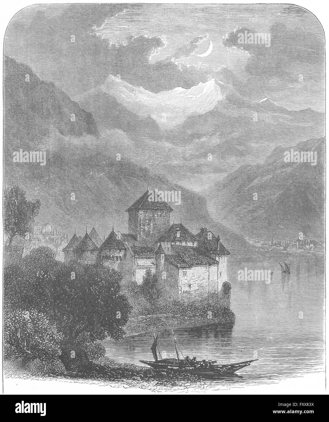 Schweiz: Chillon & Alpen, antique print 1891 Stockfoto