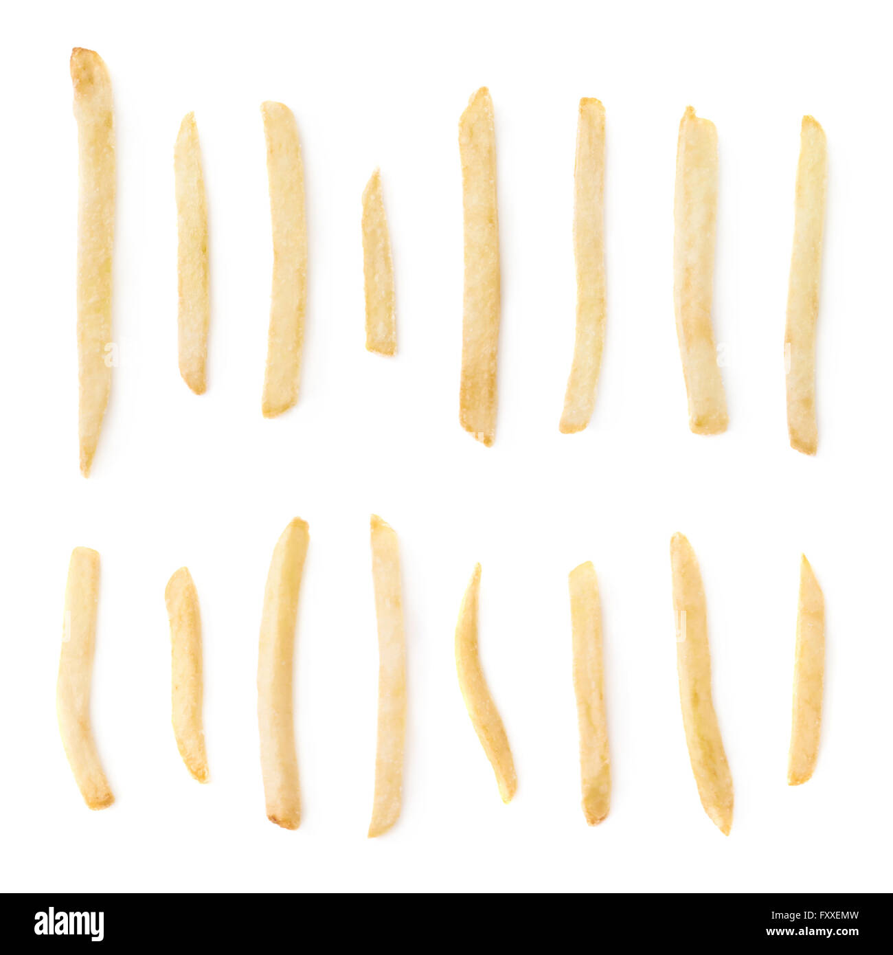 Reihe von einzelnen Pommes frites isoliert Stockfoto