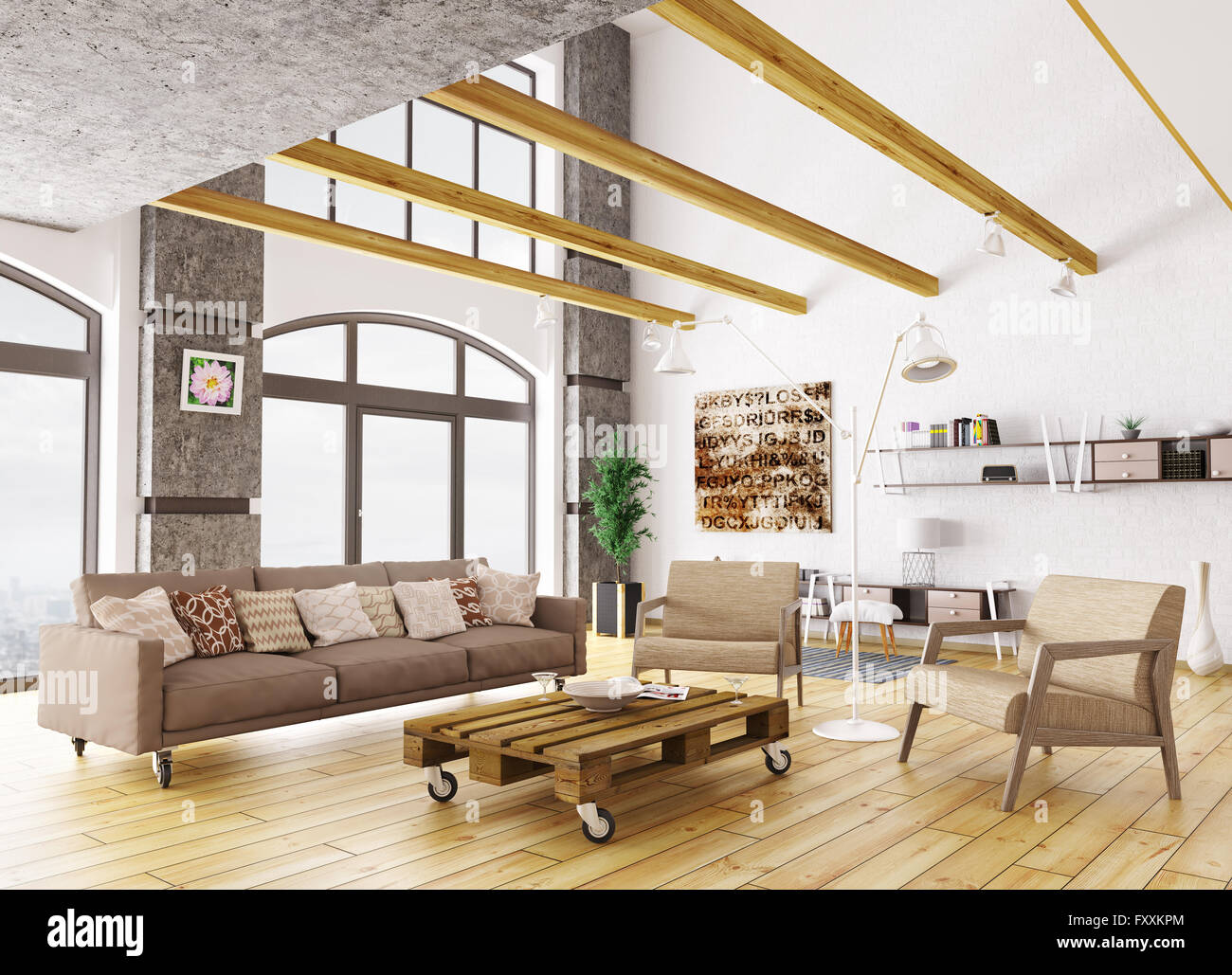 Innenraum der modernen Wohnzimmer mit Sofa, Sesseln und Palette Tabelle 3D-Rendering Stockfoto