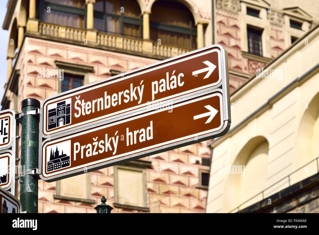 Prag, Tschechische Republik. Wegweiser in Nerudova (Straße) mit Wegbeschreibungen zu Sternberg-Palast und die Prager Burg Stockfoto