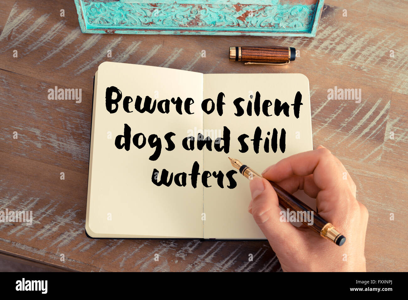 Handschriftliche Zitat Beware of silent Hunde und Stillgewässer als inspirierende Konzept Bild Stockfoto