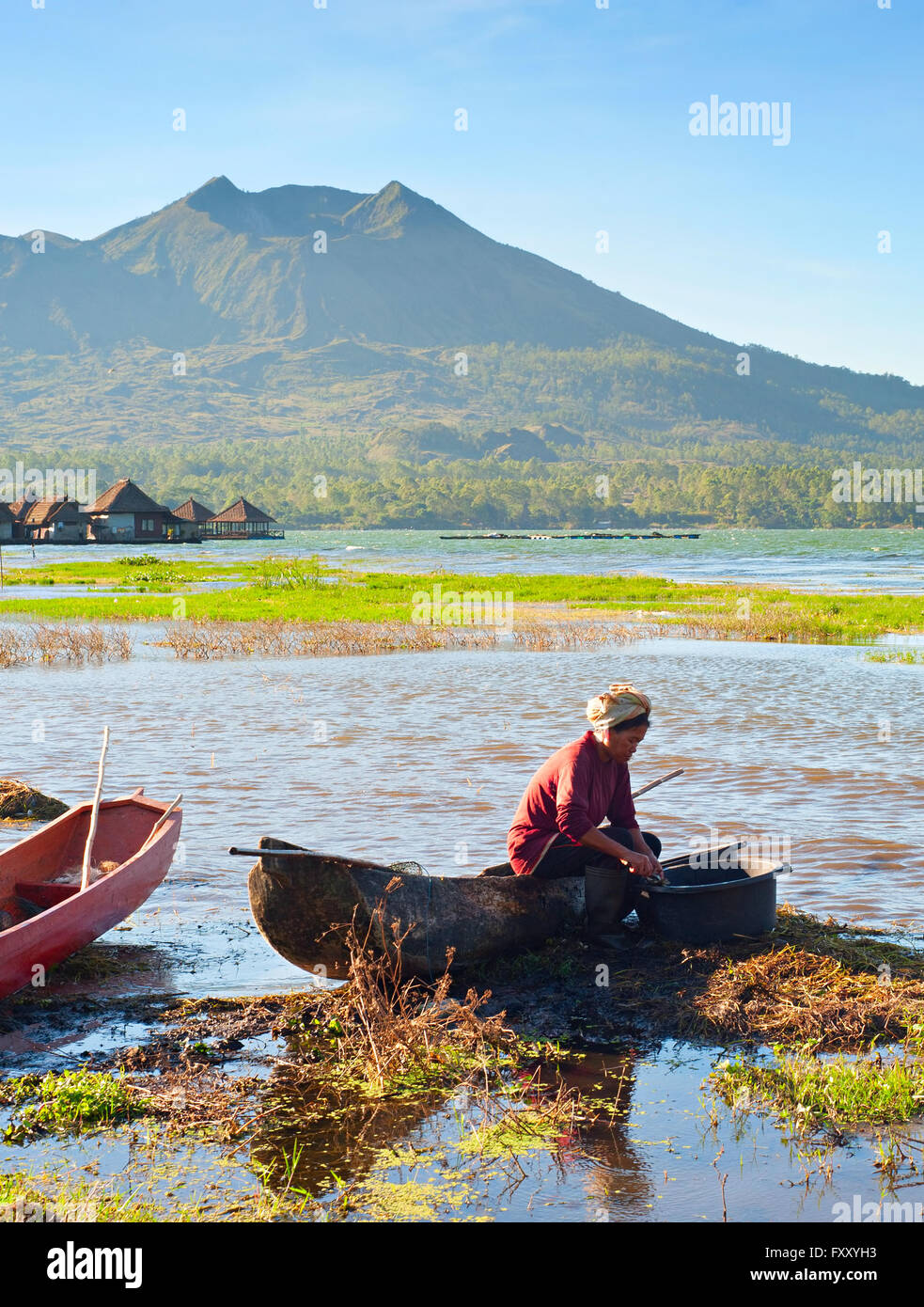 Balinesische Frau Reinigung Fische im traditionellen Boot in einem Kratersee, Batur Vulkan im Hintergrund Stockfoto