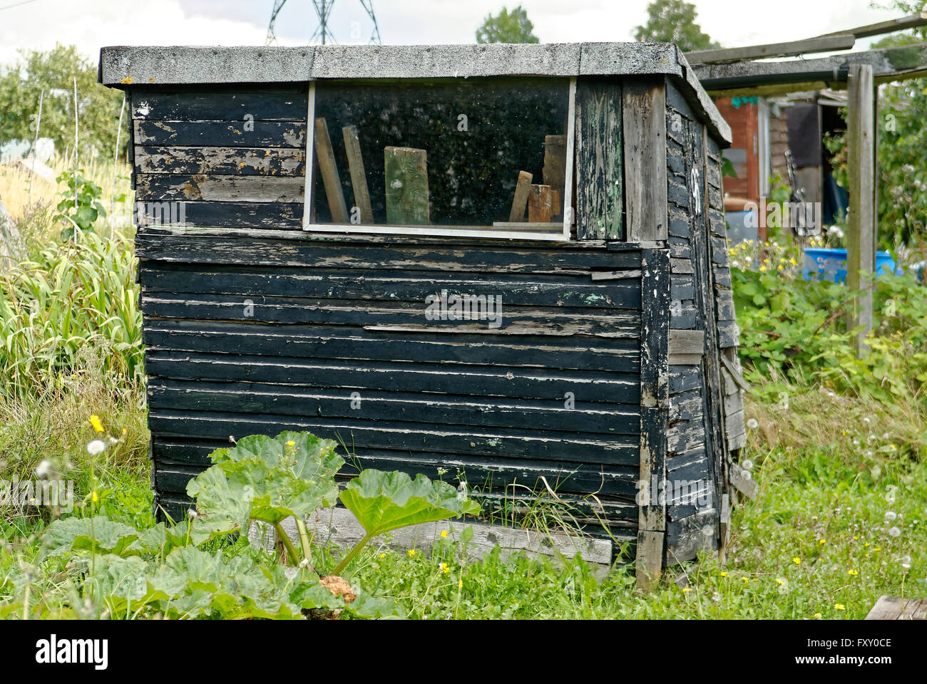 Fäulnis hölzernen Schuppen, Schrebergarten, wo Land für persönliche Anbau von Obst und Gemüse zur Verfügung steht. Stockfoto