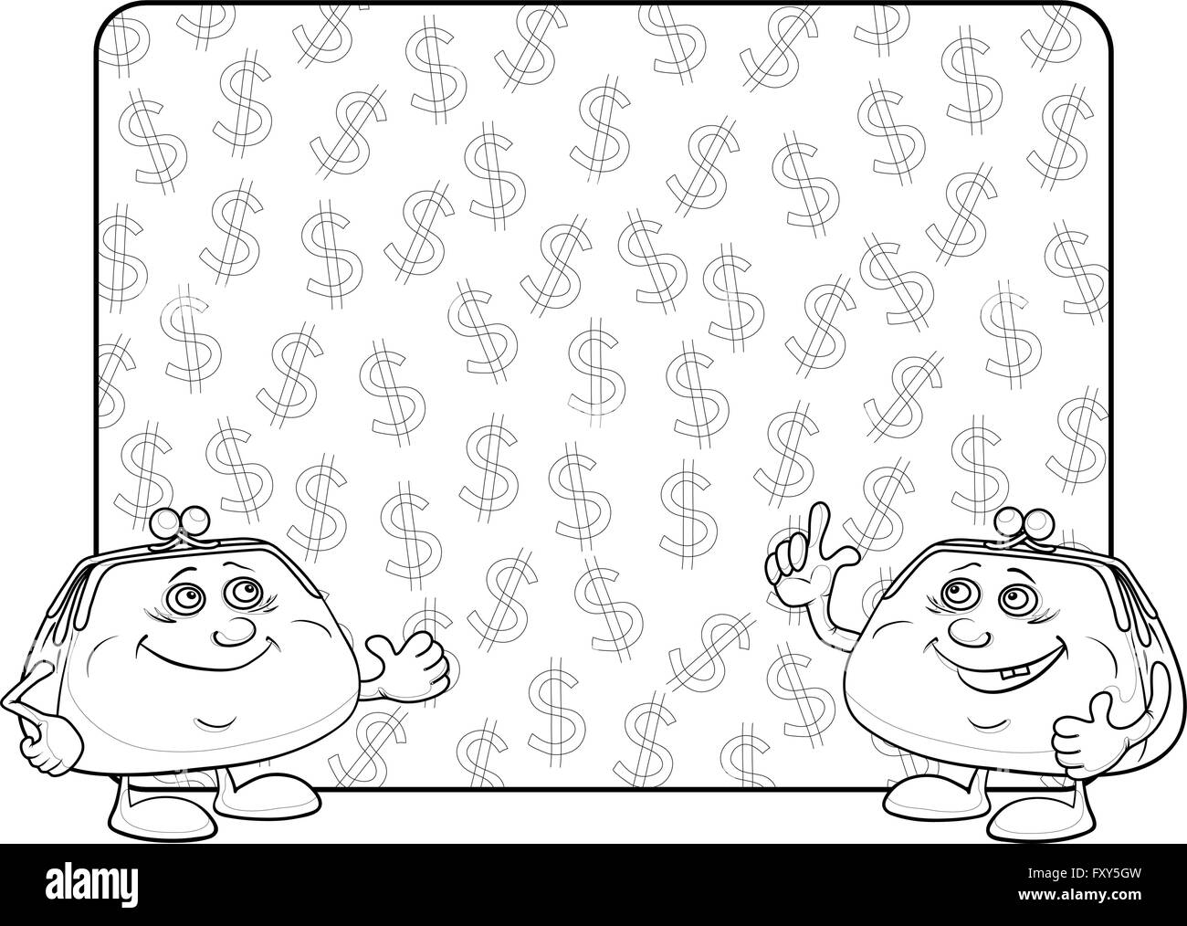 Geldbörsen und Poster mit Dollar, Kontur Stock Vektor