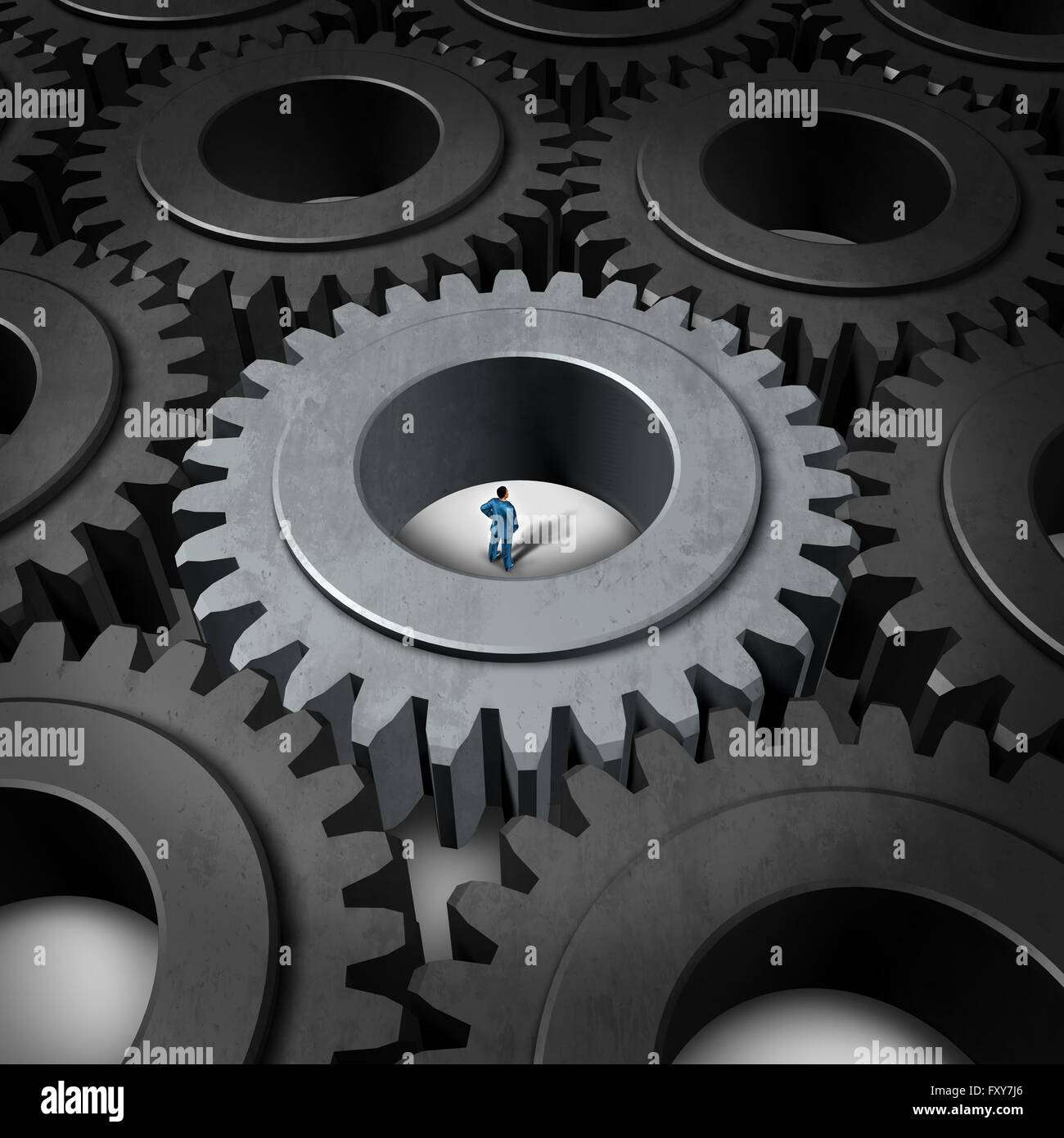 Gefängnis Geschäftskonzept oder corporate Insider-Symbol als Geschäftsmann in einem riesigen Zahnrad oder Zahnrad als Metapher für begrenzte Gelegenheit oder Technologie Herausforderung als 3D-Illustration Karriere Stress-Symbol. Stockfoto