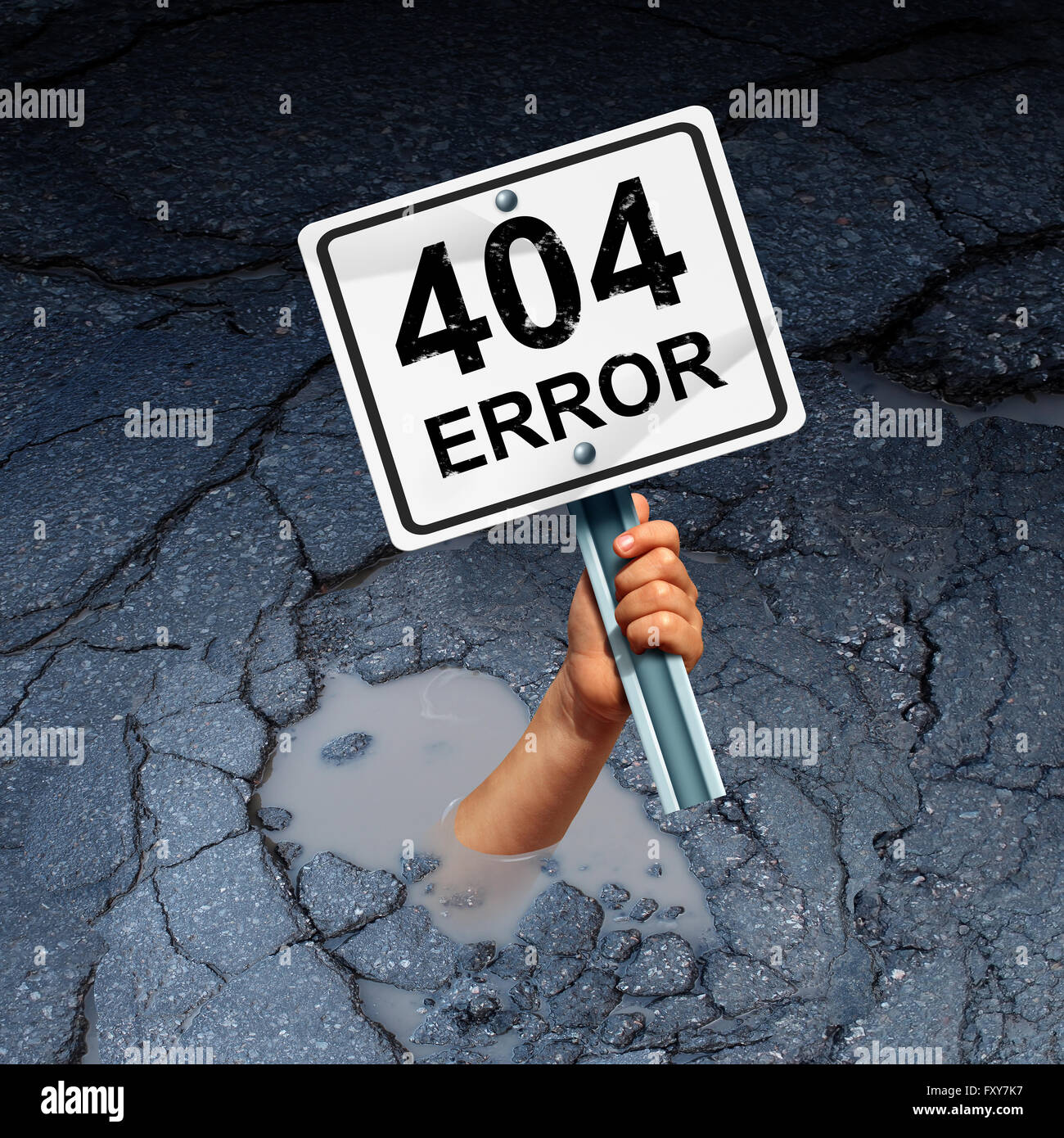 Fehler 404-Seite nicht gefunden Konzept als eine Internet-Technologie-Symbol des technischen Supports für Web-Seite Fehler oder Suche Problem als eine Hand in einem Loch halten ein Warnsignal 3D-Illustration ertrinken. Stockfoto