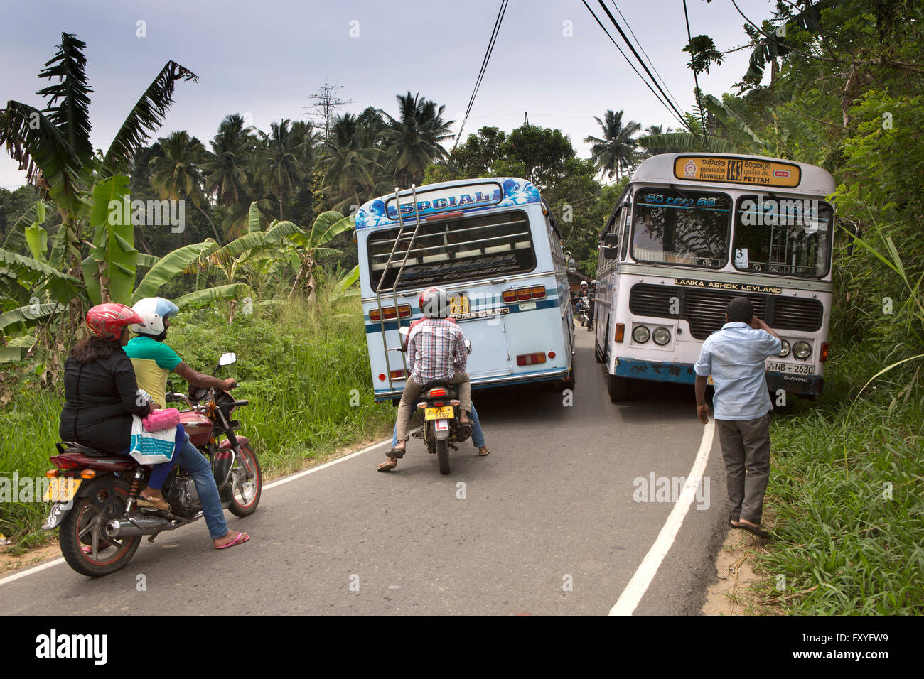 Sri Lanka, Kandy, Embekke, zwei Busse vorbei mit Mühe auf einspurigen Straße Stockfoto