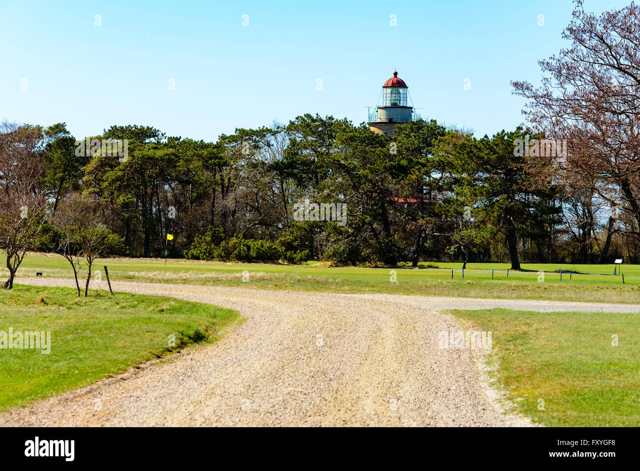 Falsterbo, Schweden - 11. April 2016: Der alte Leuchtturm gesehen vom Golfplatz entfernt. Einige Kiefern decken das Hauptgebäude aber Stockfoto