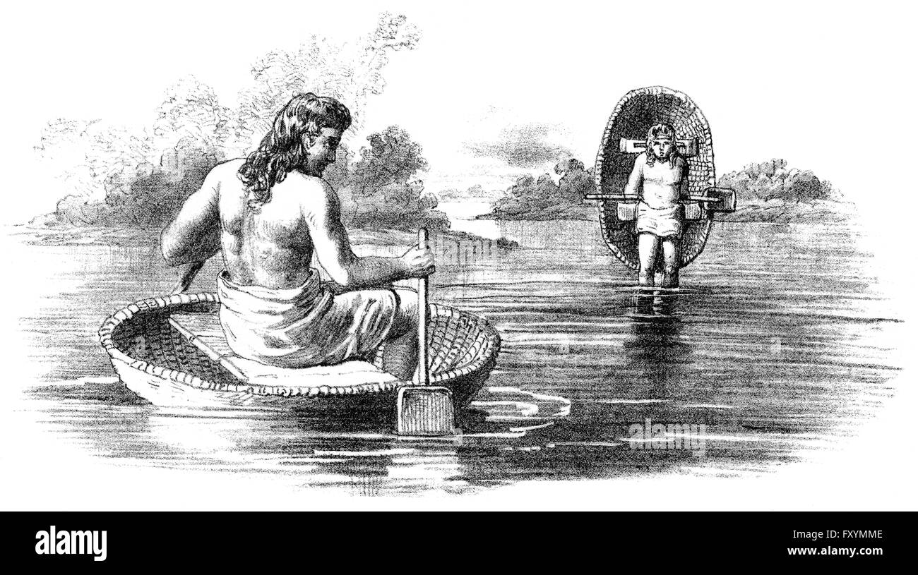 Prähistorische Briten mit Coracle, kleinen und leichten Booten, 1. Jh. v. Chr. Stockfoto