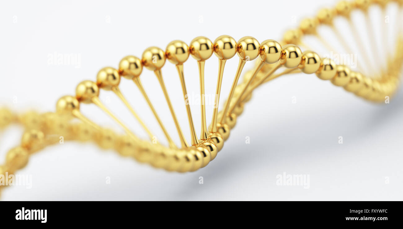 DNA-goldene Strukturmodell mit Weichzeichner. Wissenschaft-medizinische Forschung-Konzept. 3D-Rendering Stockfoto