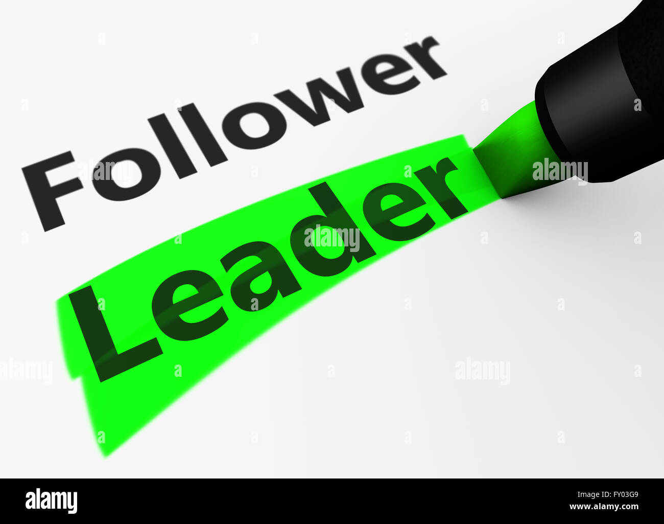 Führung Geschäftskonzept mit 3d Darstellung der Follower und Leader Wort und Text mit einer grünen Markierung hervorgehoben. Stockfoto