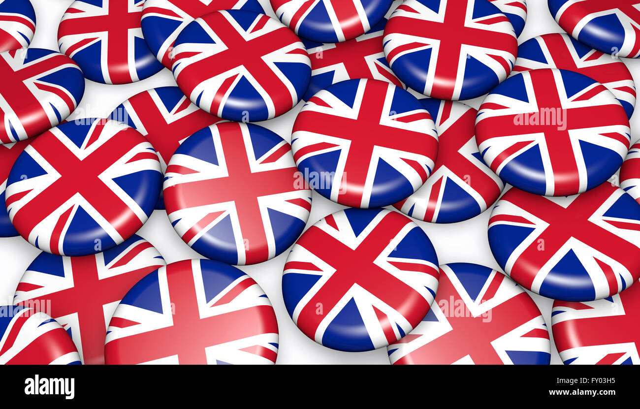 Vereinigtes Königreich-Hintergrund mit Union Jack-Flagge auf Abzeichen 3D Illustration für UK national Tagesveranstaltungen, Urlaub und feiern. Stockfoto