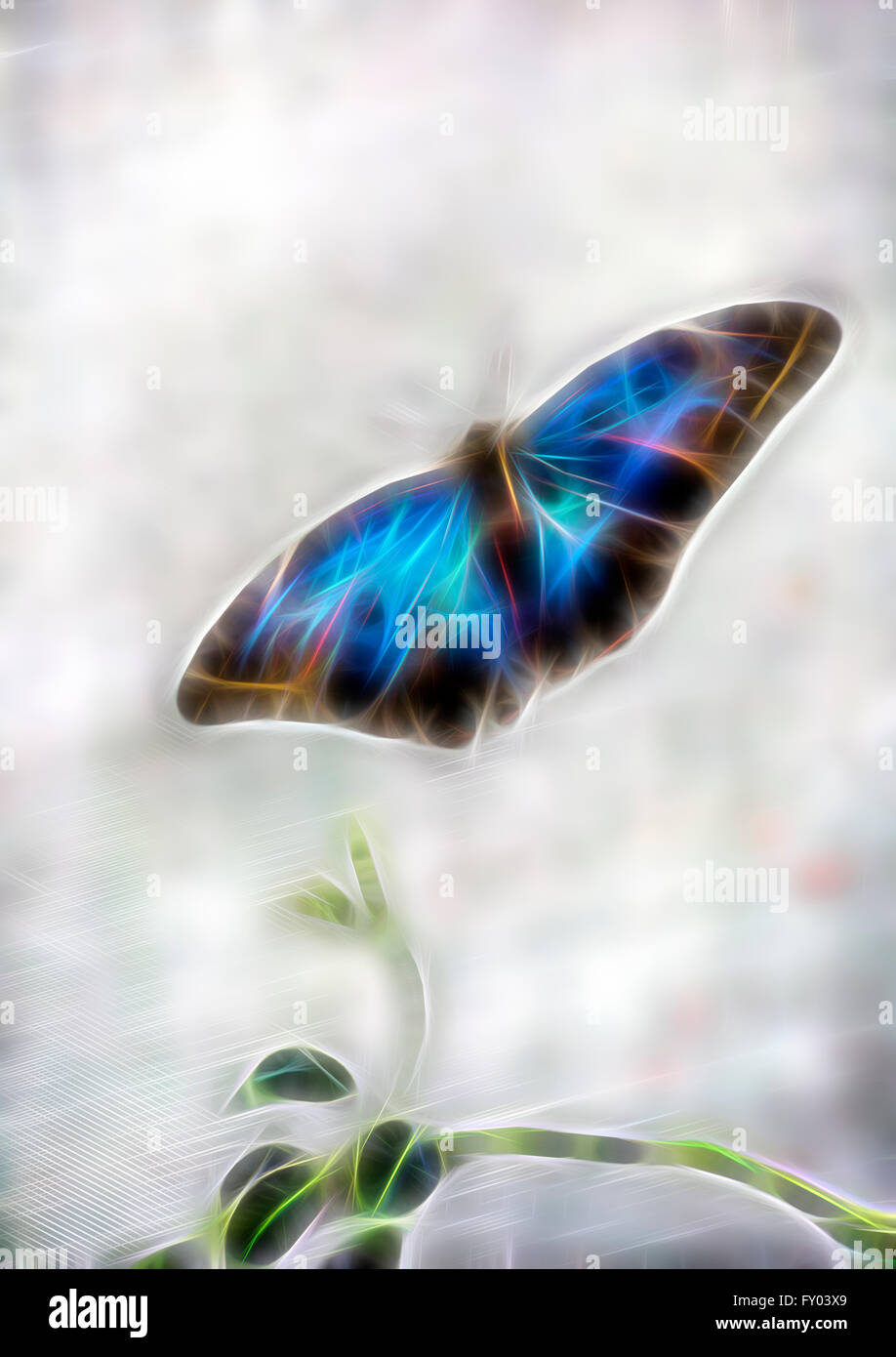 Blauer Morpho-Schmetterling, Morpho-Peleides, mit offenen Flügeln im Natural History Museum, London, Großbritannien, mit Fractalius-Filter - Fraktale Fraktale Stockfoto