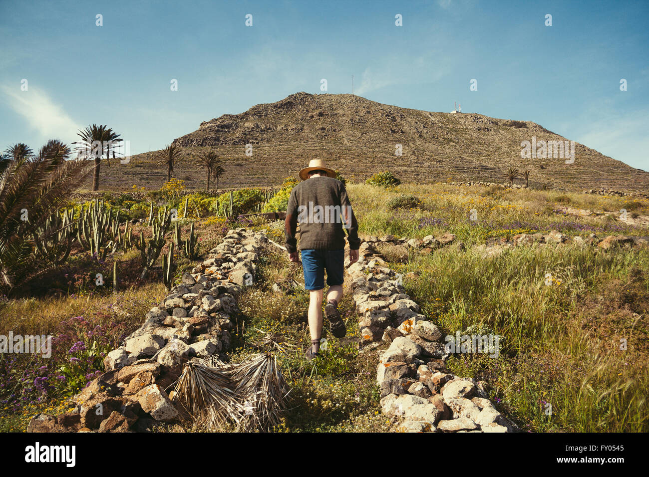 Junger Mann zu Fuß auf einen Berg tragen legere Kleidung und einen Strohhut auf Lanzarote, Kanarische Inseln. Stockfoto