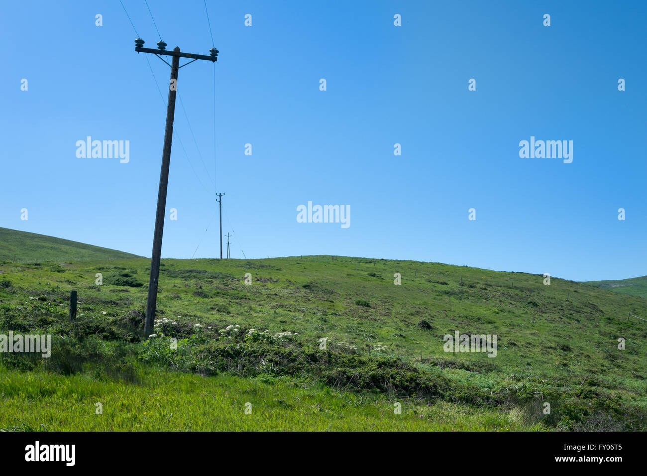 Strommasten schneiden über und eine grüne grasbewachsenen Hang mit einem blauen Himmelshintergrund Stockfoto
