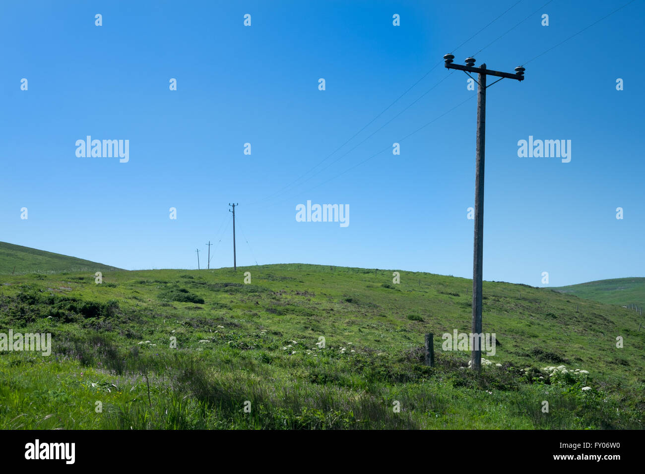 Strommasten schneiden über und eine grüne grasbewachsenen Hang mit einem blauen Himmelshintergrund Stockfoto