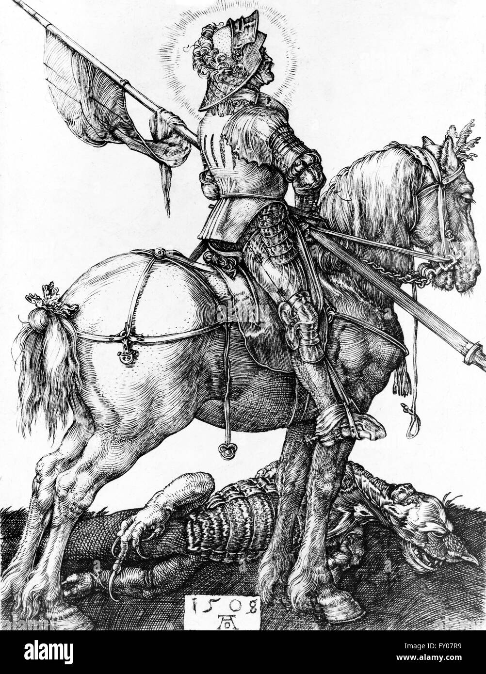 Eine Illustration von St. George auf dem Pferderücken, mit Slayed den Drachen. Künstler, Albrecht Dürer, 1508 Stockfoto