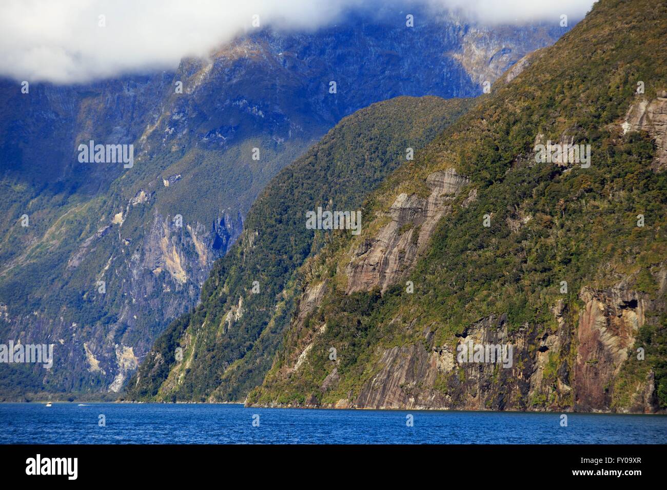 Milford Sound auf der Südinsel von Neuseeland ist berühmt für seine hoch aufragenden Berggipfeln rund um eine enge Schlucht. Stockfoto