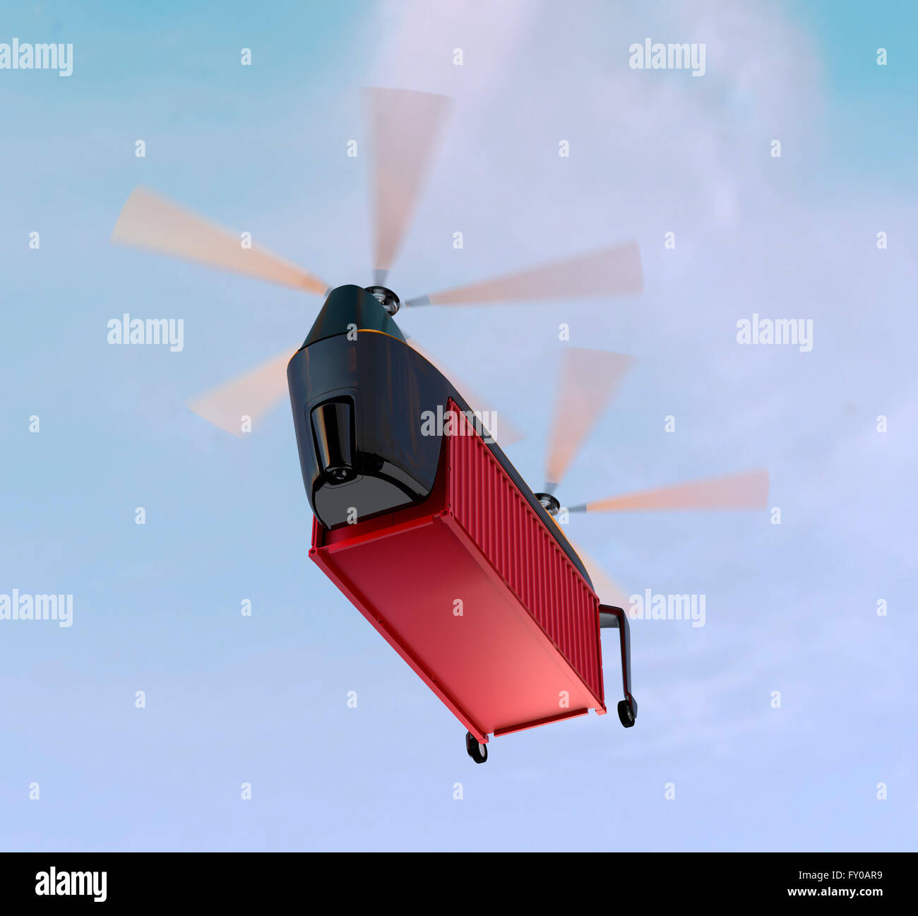 Drohne mit Frachtcontainer fliegen in den Himmel. 3D-Rendering Bild Stockfoto