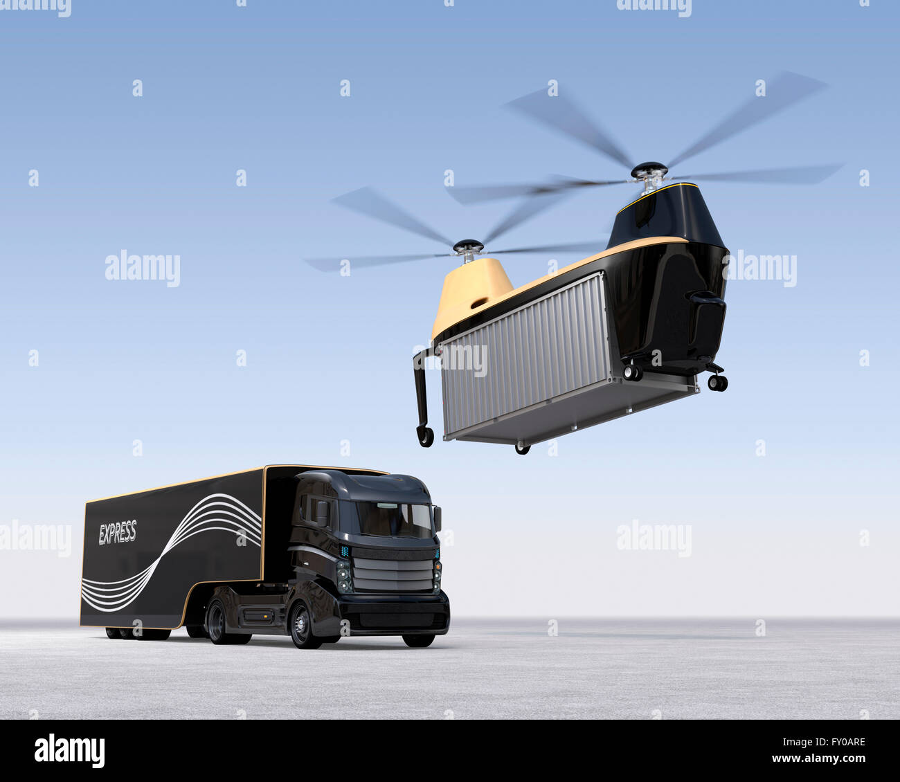 Fracht-Drohne Vorbereitung bis zur Landung neben einen Hybrid-LKW. 3D-Rendering Bild. Original-Design. Stockfoto